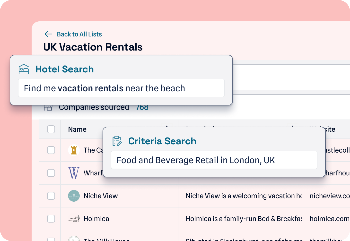 An example of different search types for hotels and F&B