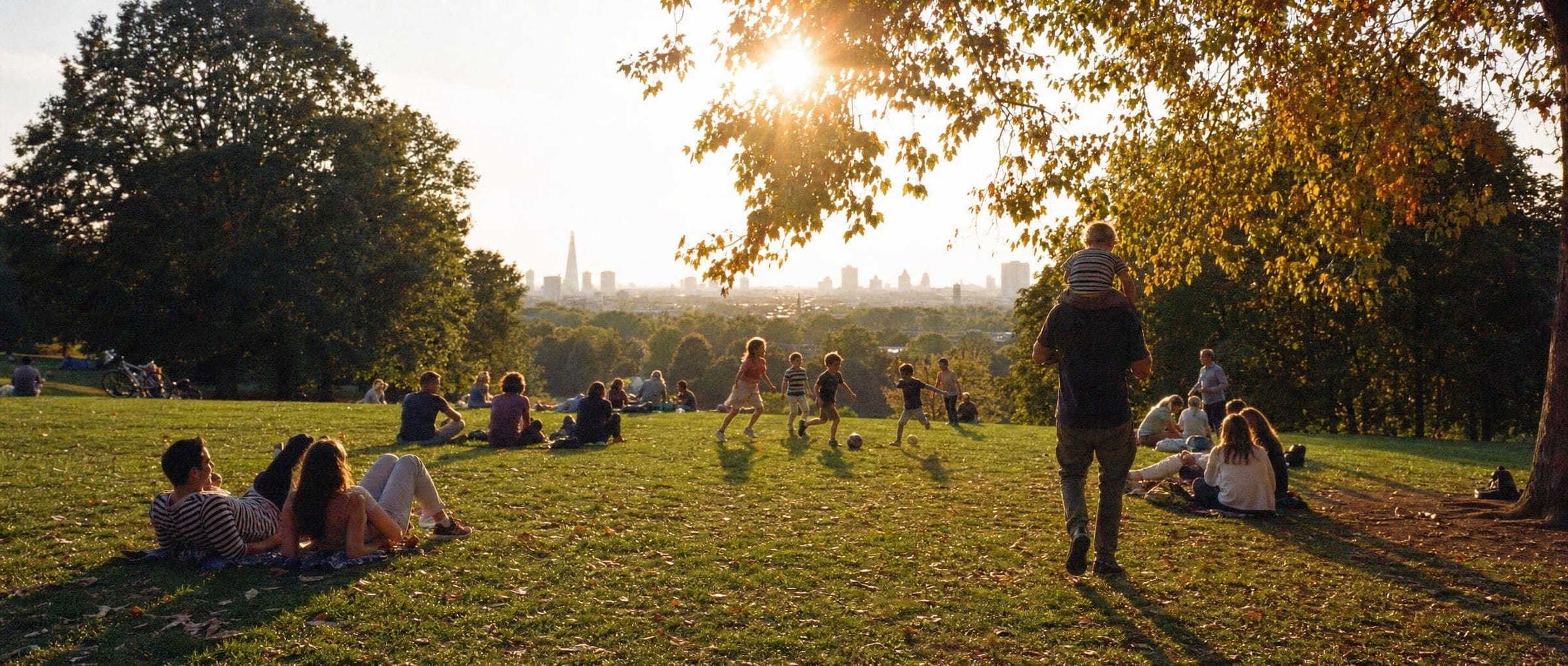 Families and friends relaxing on the grass in a London park at golden hour