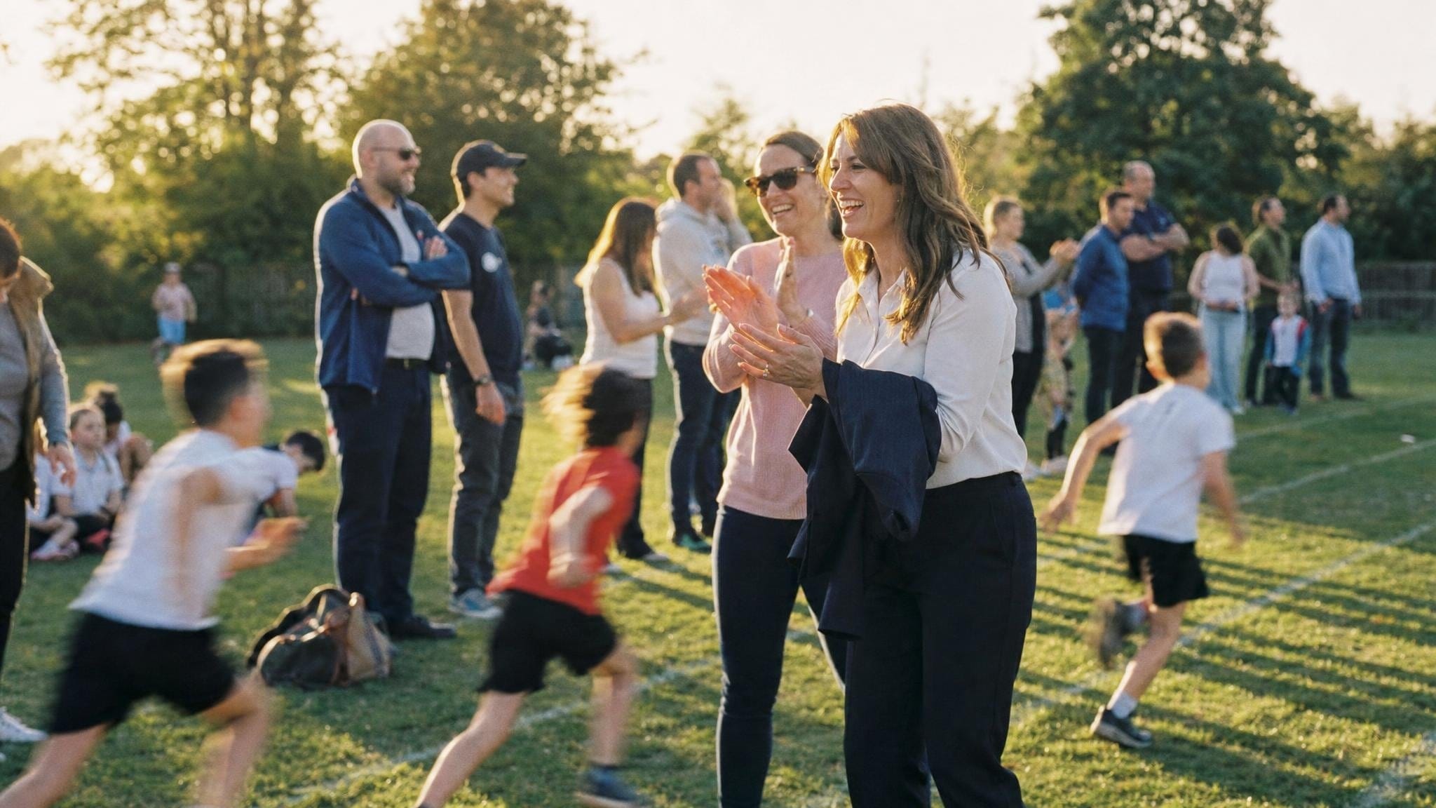 A mother in work clothes cheering at her child’s school sports day