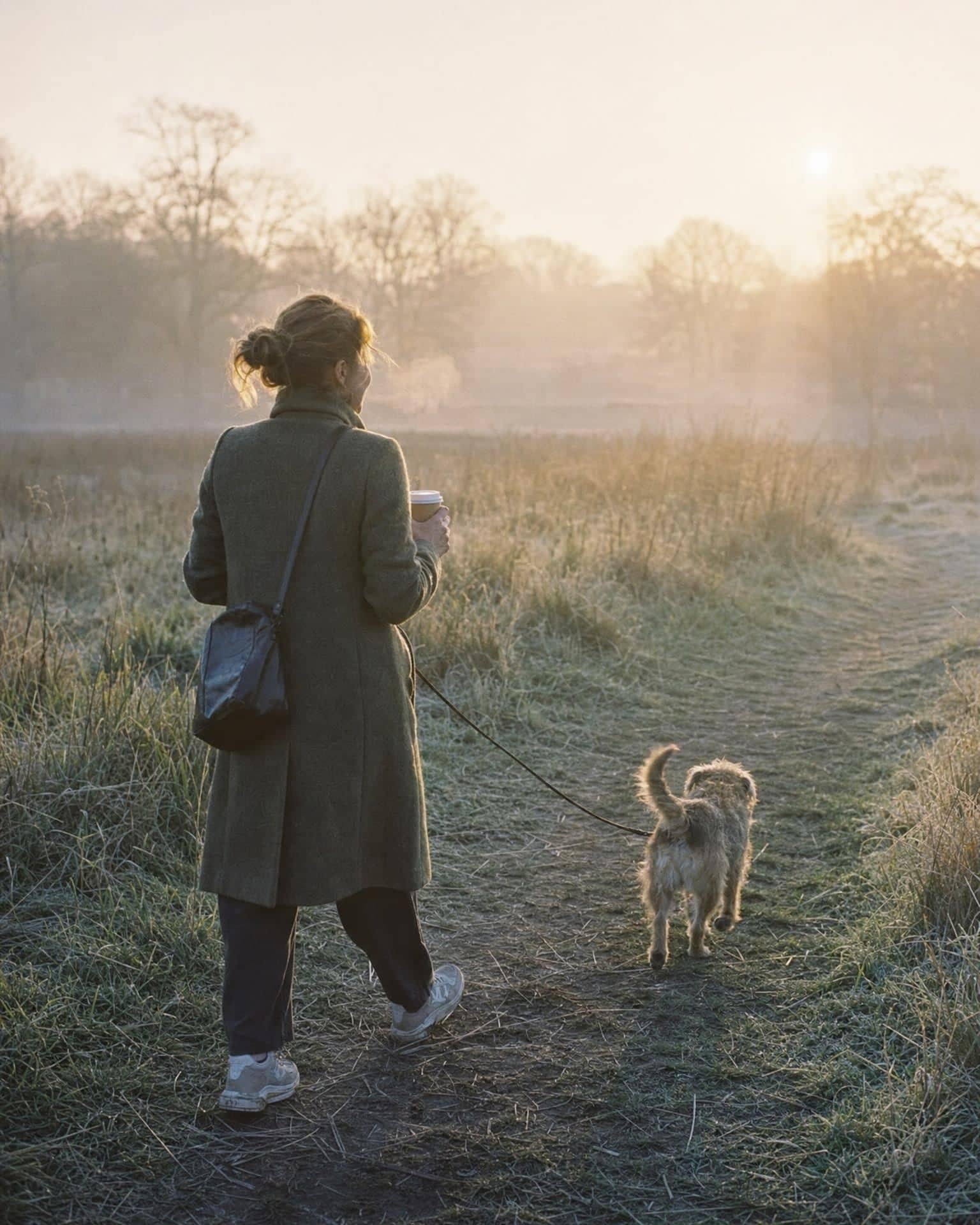 A woman walking her dog across a misty common at dawn
