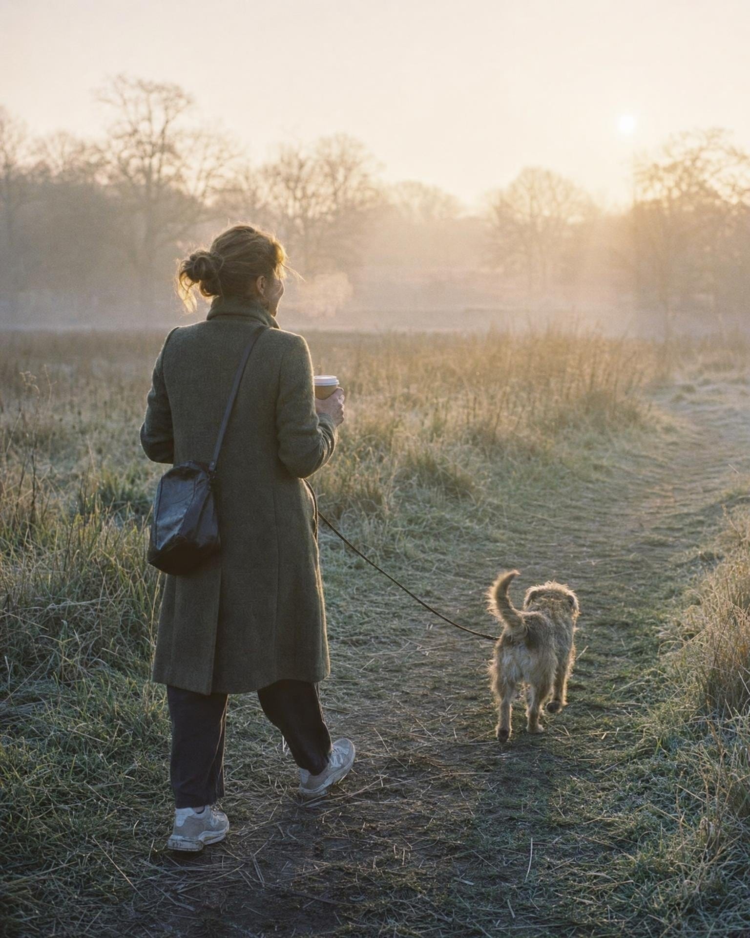 A woman walking her dog across a misty common at dawn