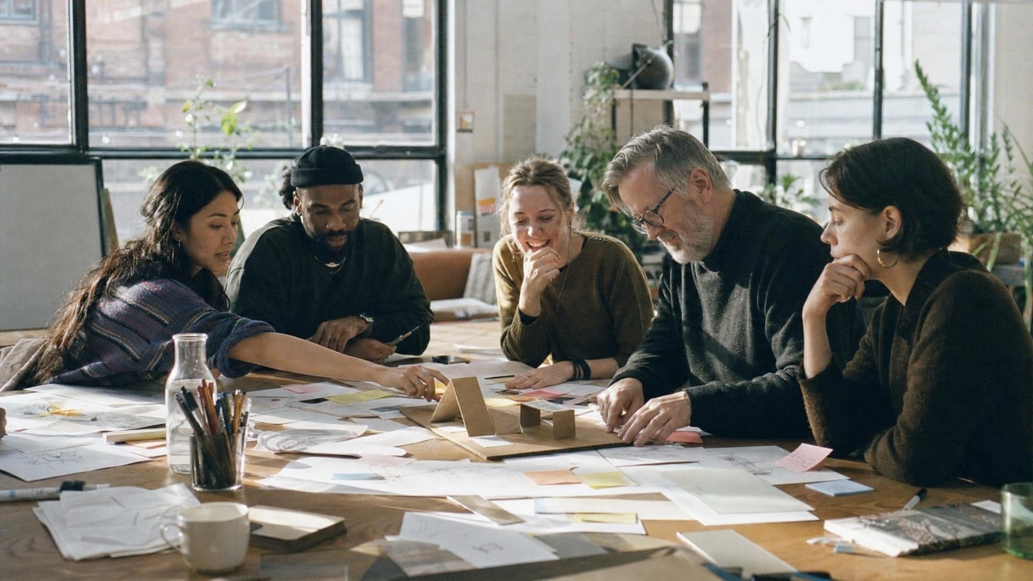 A small team working around a big table in a sunlit studio
